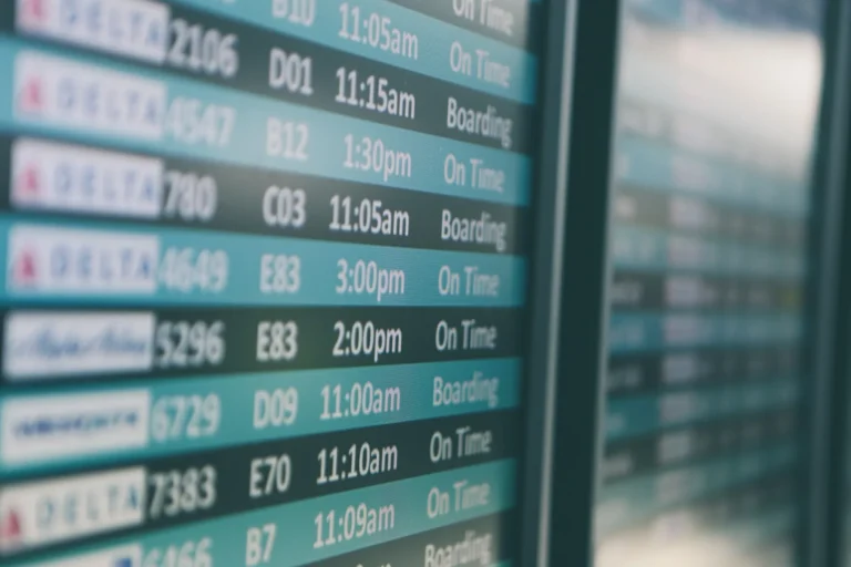 Airport departures board showing flight times and gates