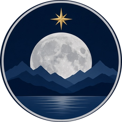 Moonlight Travel logo: full moon over mountains with a gold compass star